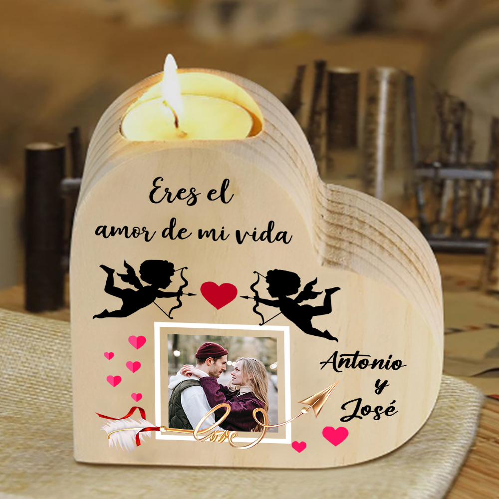Candelero de madera Cupid para pareja sin vela personalizado con 2 nombres-Jessemade ES