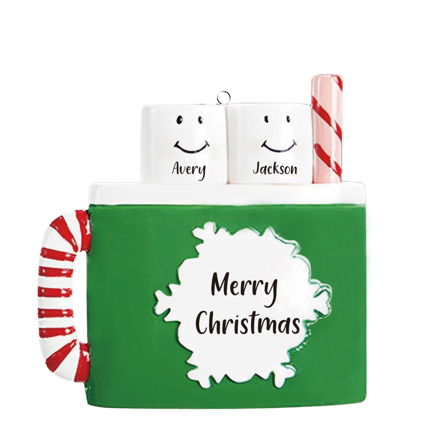 Navidad-Ornamento muñecos navideño de madera taza 2 nombres y 1 texto personalizados adorno del árbol-Jessemade ES