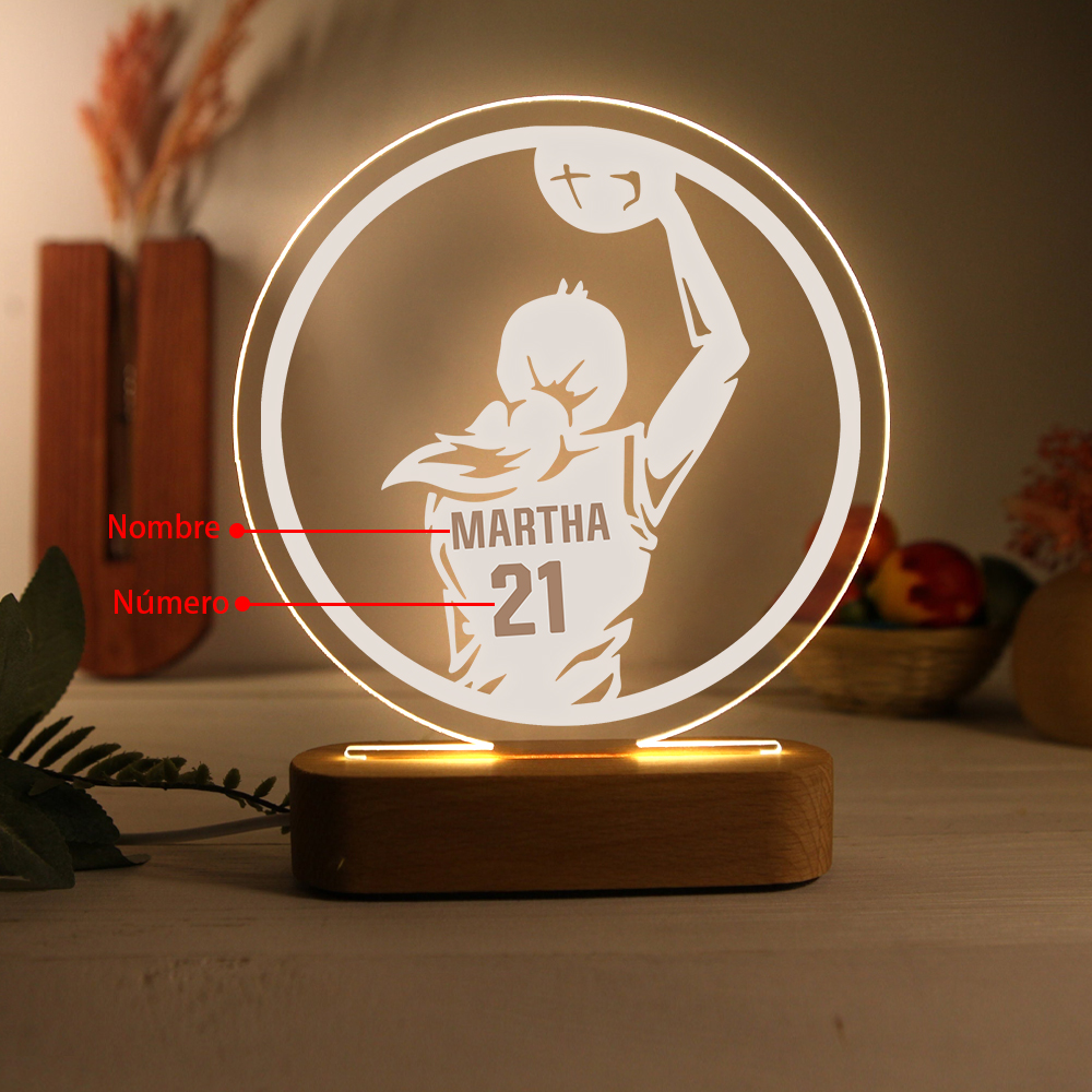 Lámpara Ilusión 3D Luz de Noche LED Silueta de Chica con Baloncesto con Nombre y Número Personalizados