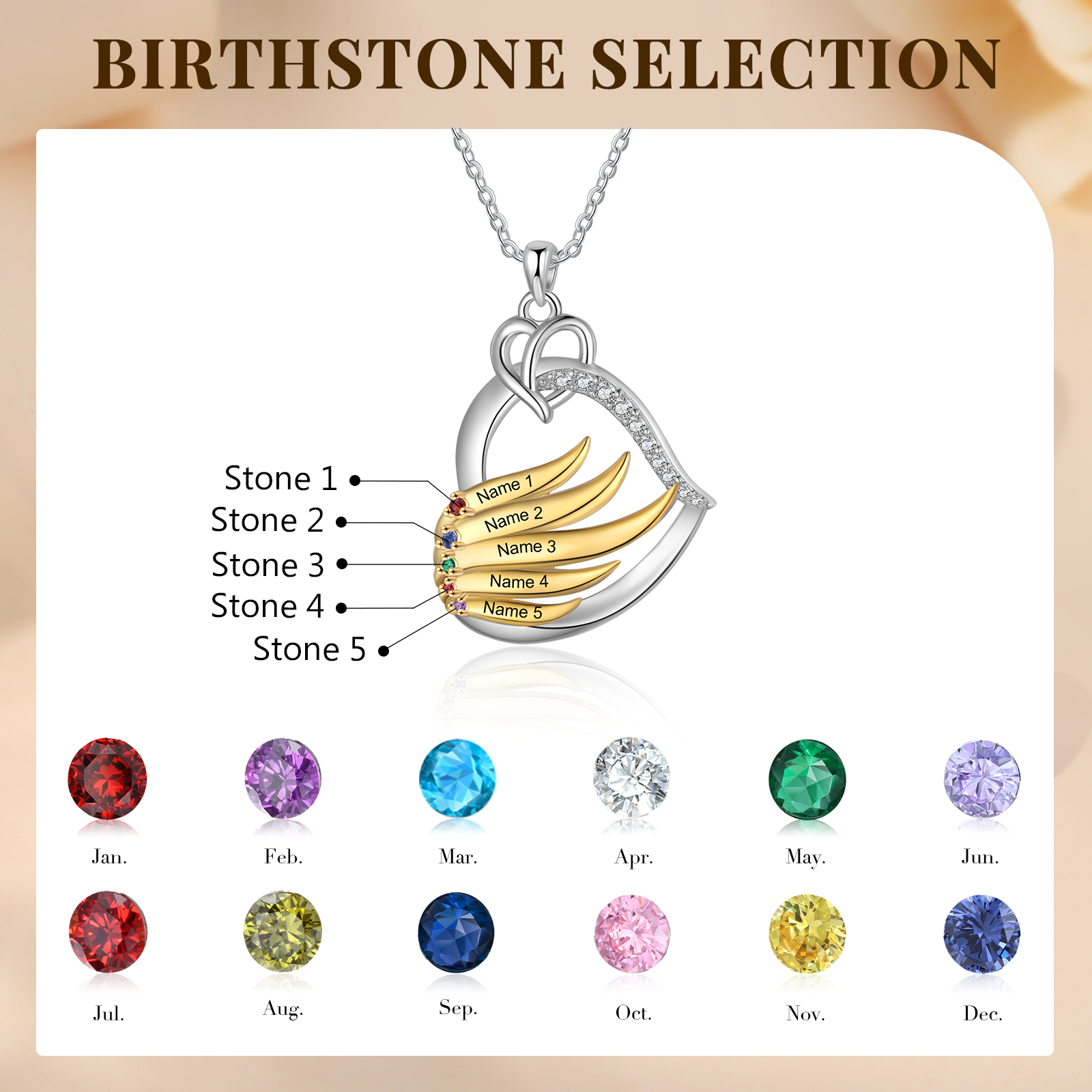 Collar en corazón con 2-5 nombres personalizados y 2-5 piedras de nacimiento-Jessemade ES