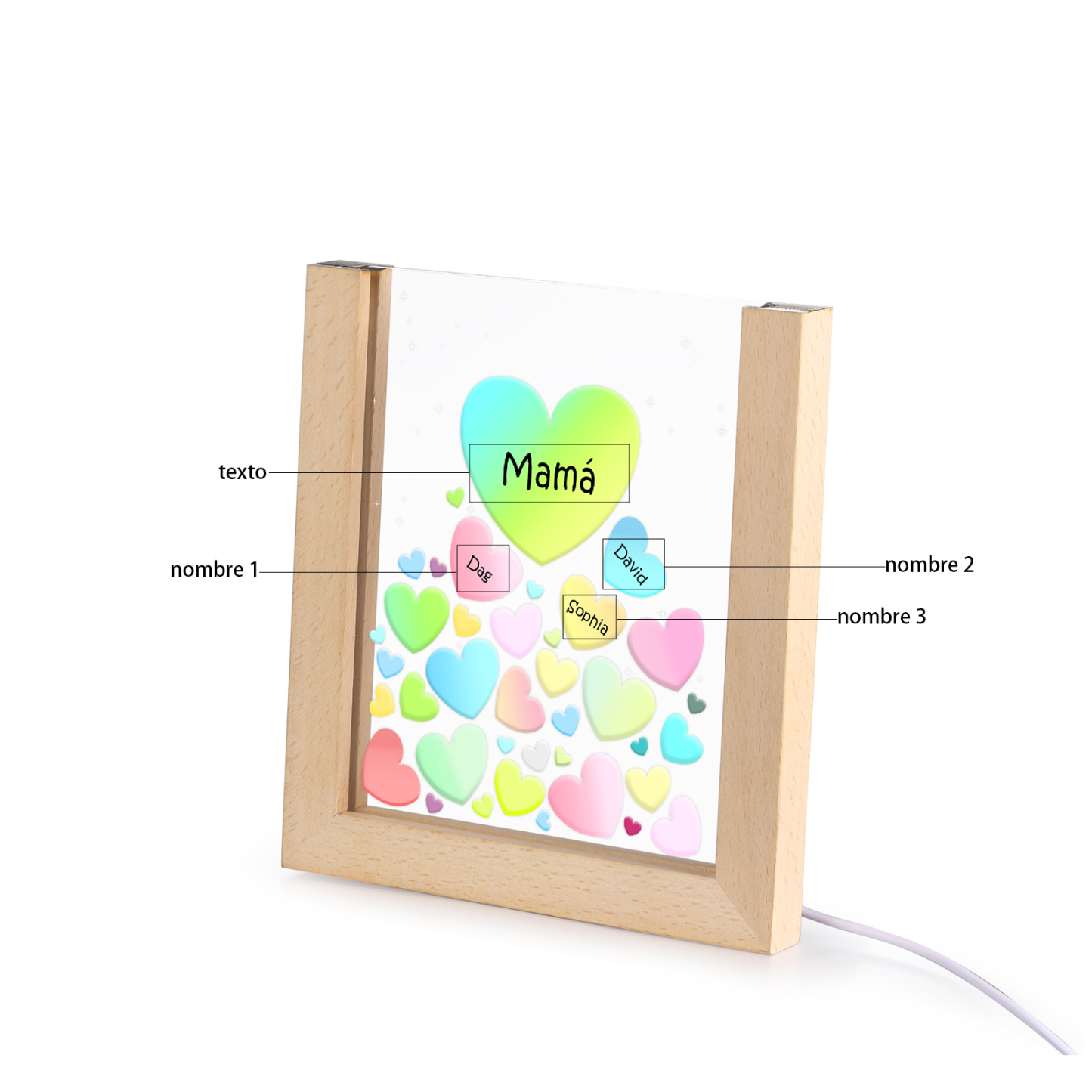 A mi mamá/abuela-Lámpara Personalizada con 2-8 Nombres y Texto "corazones" 3D Ilusión Luz de Noche-Jessemade ES