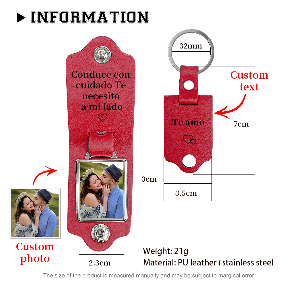 Llavero para pareja de cuero personalizado con 1 texto y foto-Jessemade ES