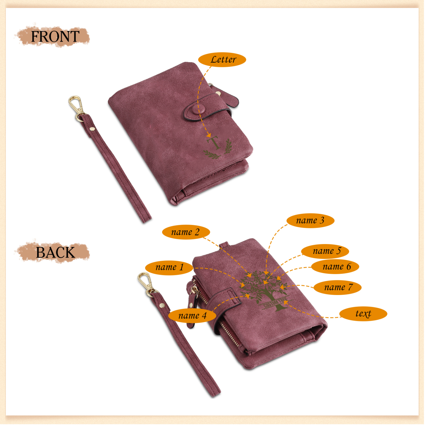 Cartera, billetera con 3-8 nombres, 1 letra y 1 texto personalizados árbol de la vida monedero clásico para mujer-Jessemade ES