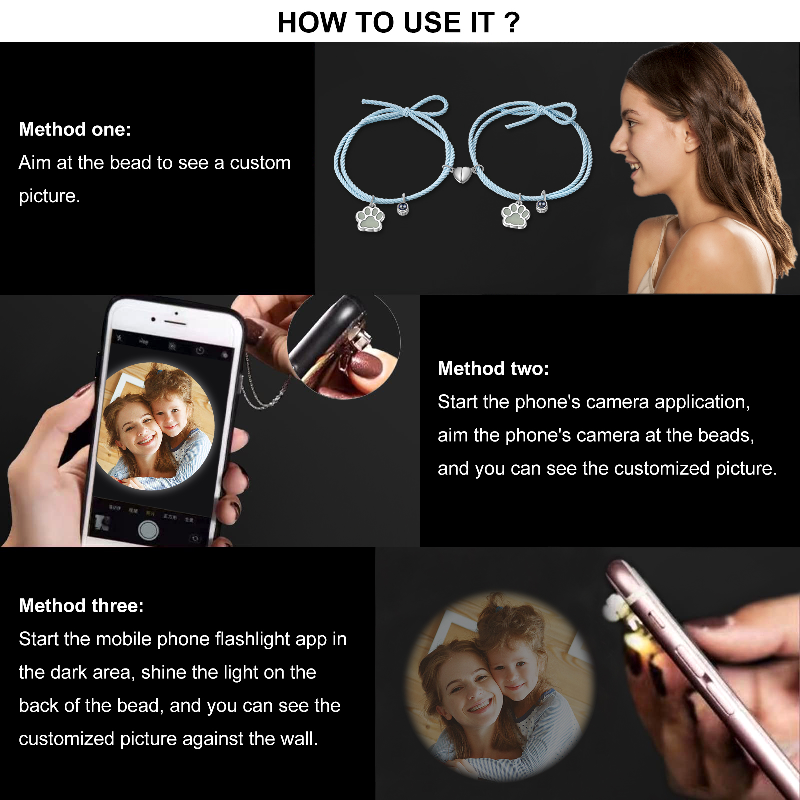 Pulsera para pareja de pata fluorescente con proyección de foto con dije de corazón magnético-Jessemade ES