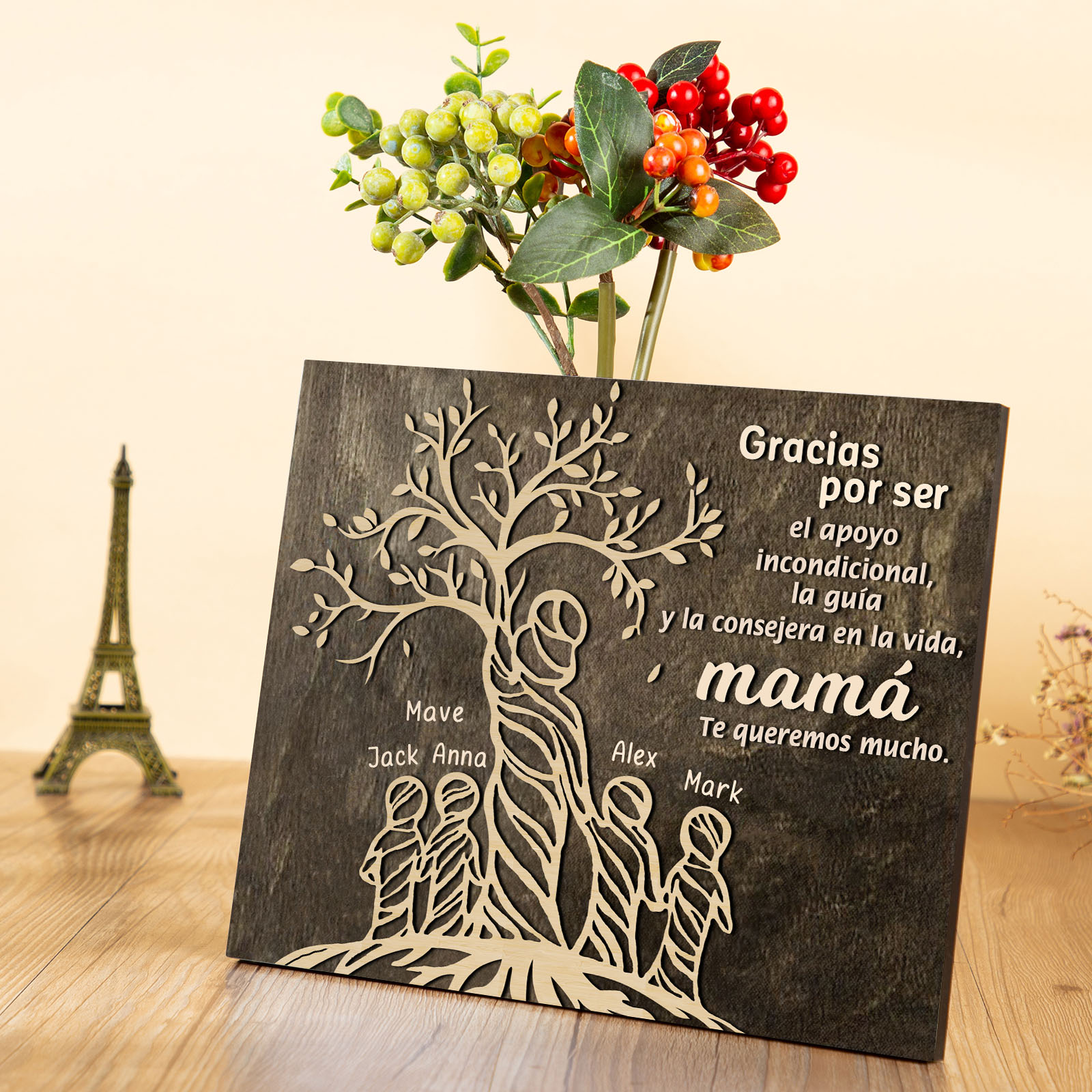 A mi mamá-Lámina mujer de árbol marco de madera personalizado con 5 nombres-Jessemade ES