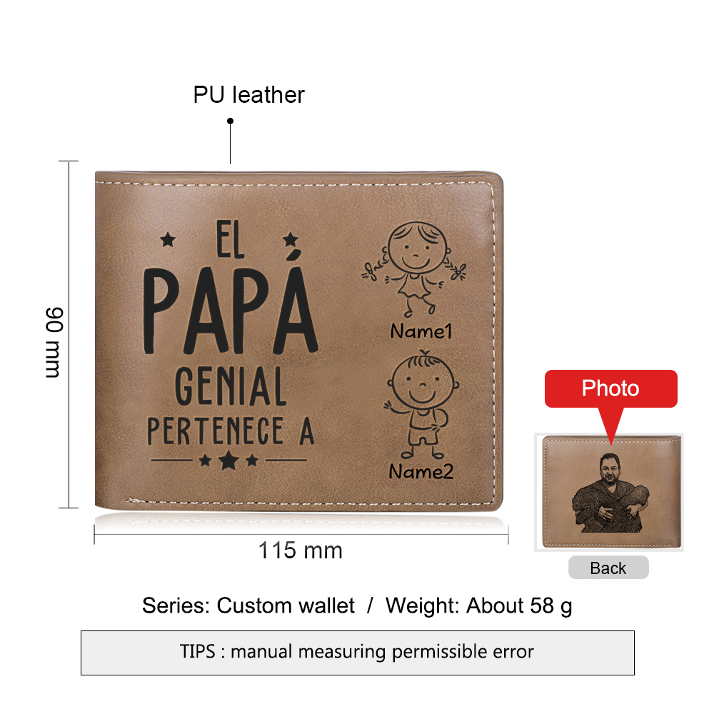 Cartera, billetera clásica 1-5 nombres personalizados con palo de niñ@ y una foto para papá-Jessemade ES