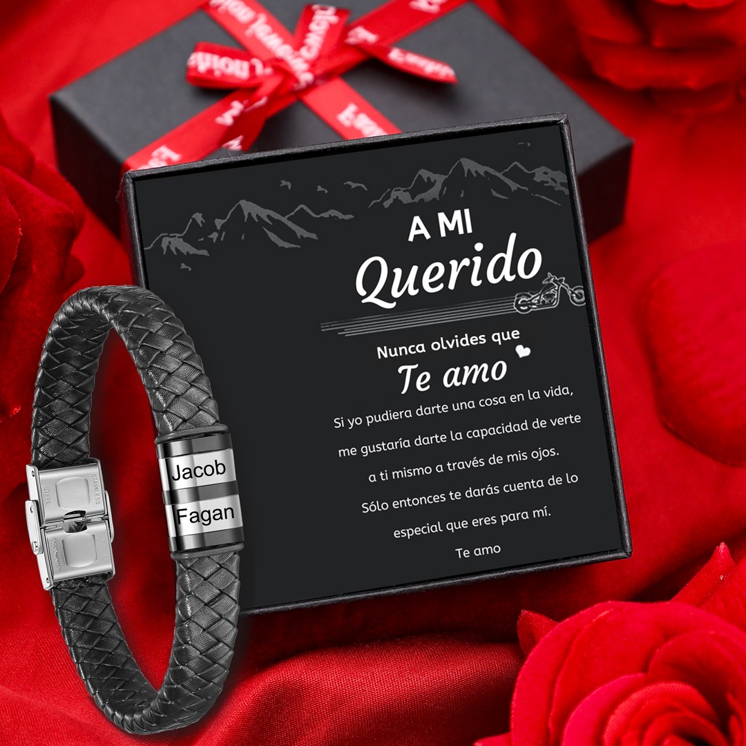 A mi querido-Pulsera de cuero trenzado de hombre con 2 perlas personalizadas con 2 nombres-Jessemade ES