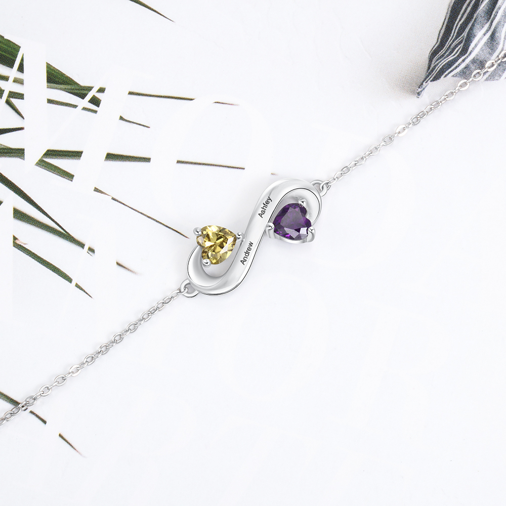Pulsera infinito ajustable con 2 piedras de nacimiento y 2 nombres personalizados