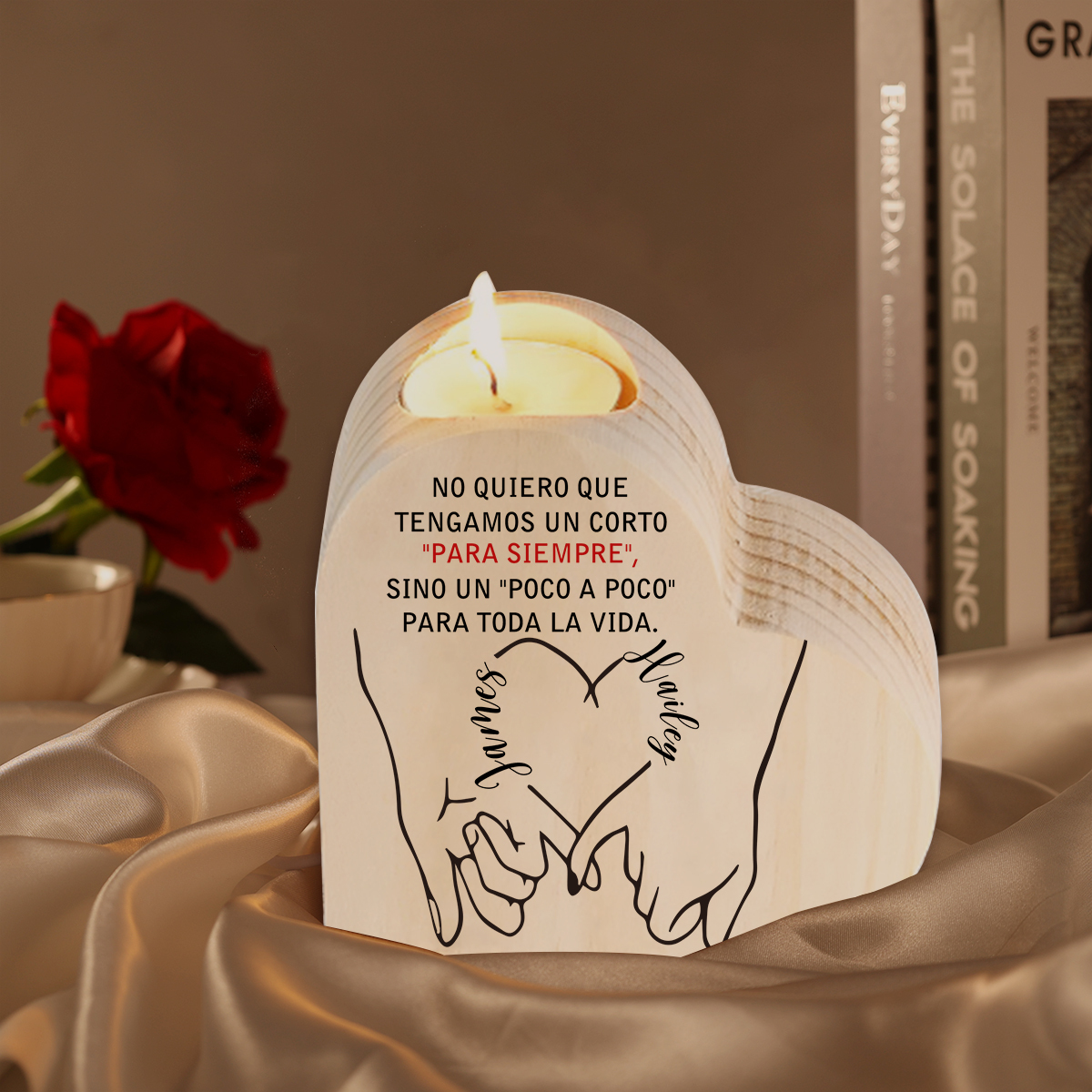 Candelero de madera dedos cogidos para pareja sin vela personalizado con 2 nombres-Jessemade ES