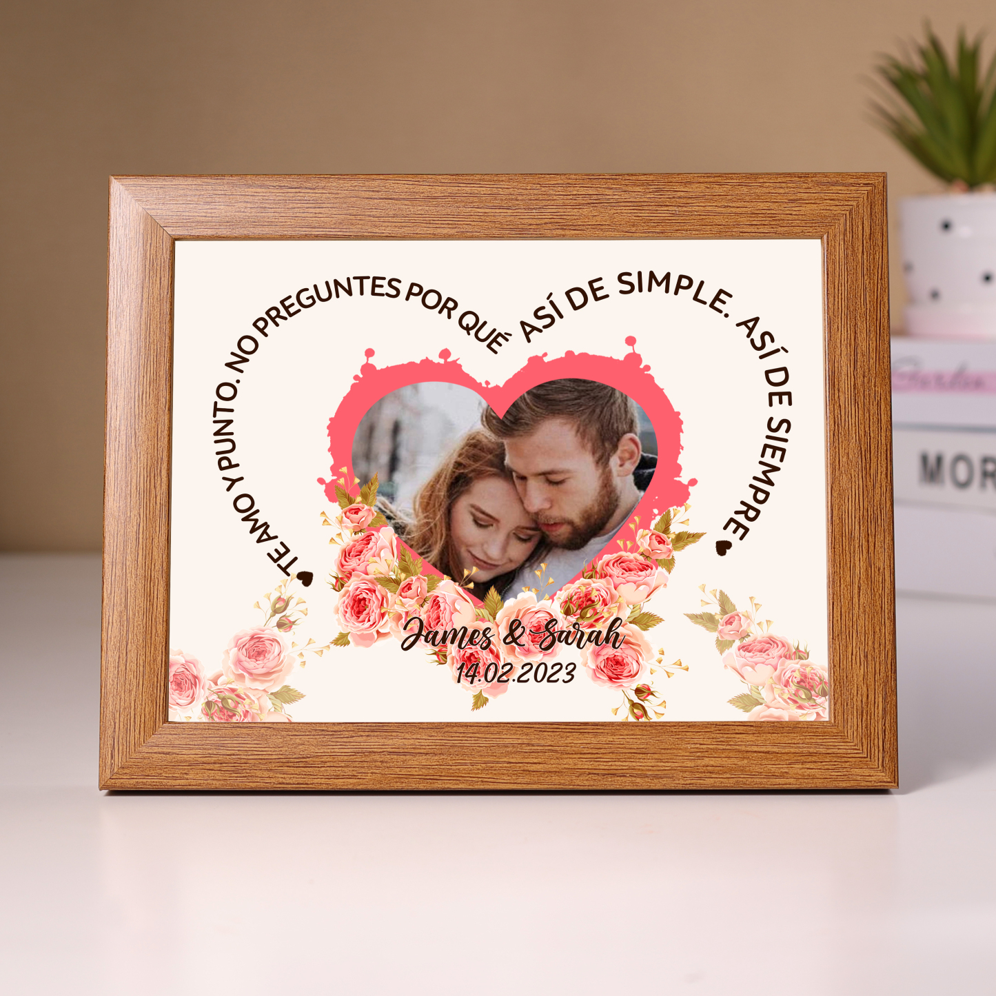 Marco de 1 foto de madera para pareja 2 nombres y fecha personalizados-Jessemade ES