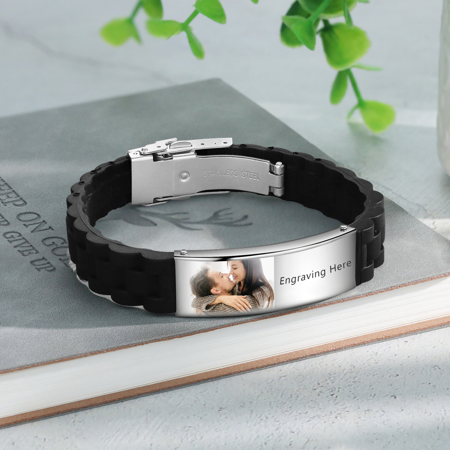 Pulsera personalizada con 1 texto y 1 foto para hombre-Jessemade ES
