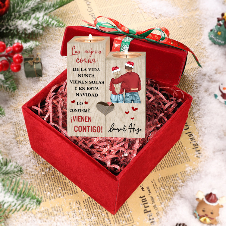 Regalo de Navidad-Candelero para pareja de madera de dos piezas sin candela con nombres personalizados-Jessemade ES