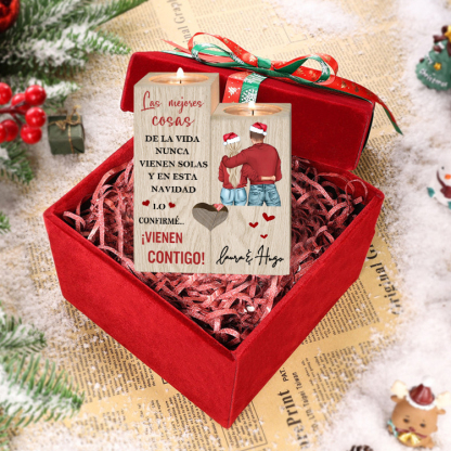 Regalo de Navidad-Candelero para pareja de madera de dos piezas sin candela con nombres personalizados-Jessemade ES