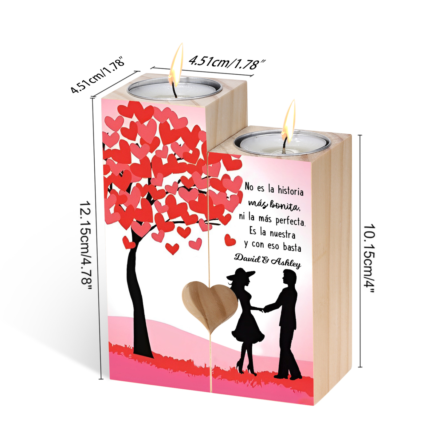 Candelero de siluetas de pareja de madera de dos piezas sin candela con 1 texto personalizado-Jessemade ES