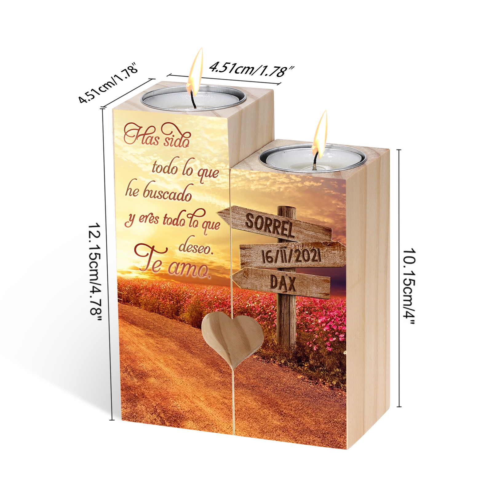 Candelero para pareja de madera de dos piezas sin candela con 2 nombres y fecha personalizados-Jessemade ES
