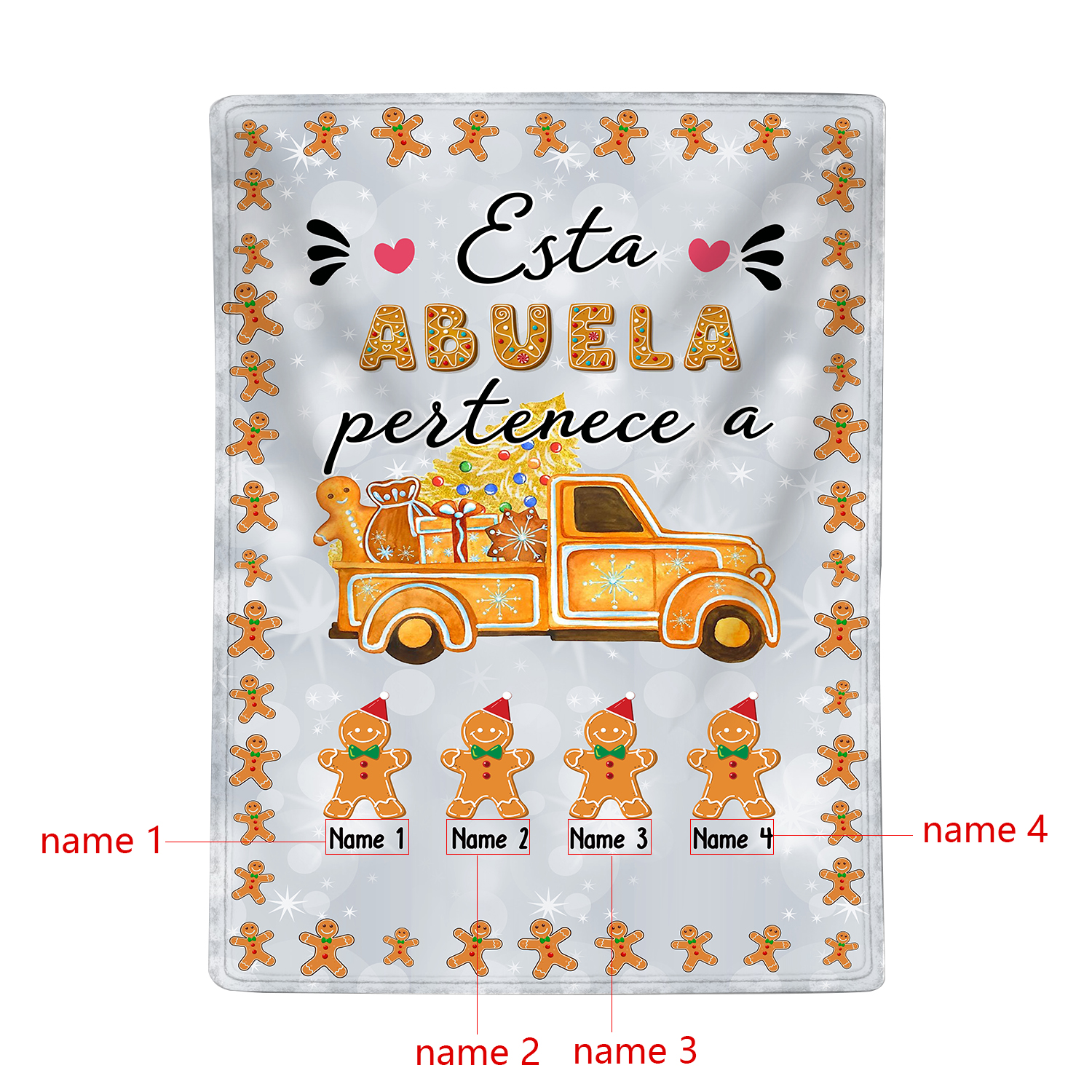 A mi abuela-Manta de buen calidad de Navidad hombres de jengibre personalizada con 4 nombres-Jessemade ES