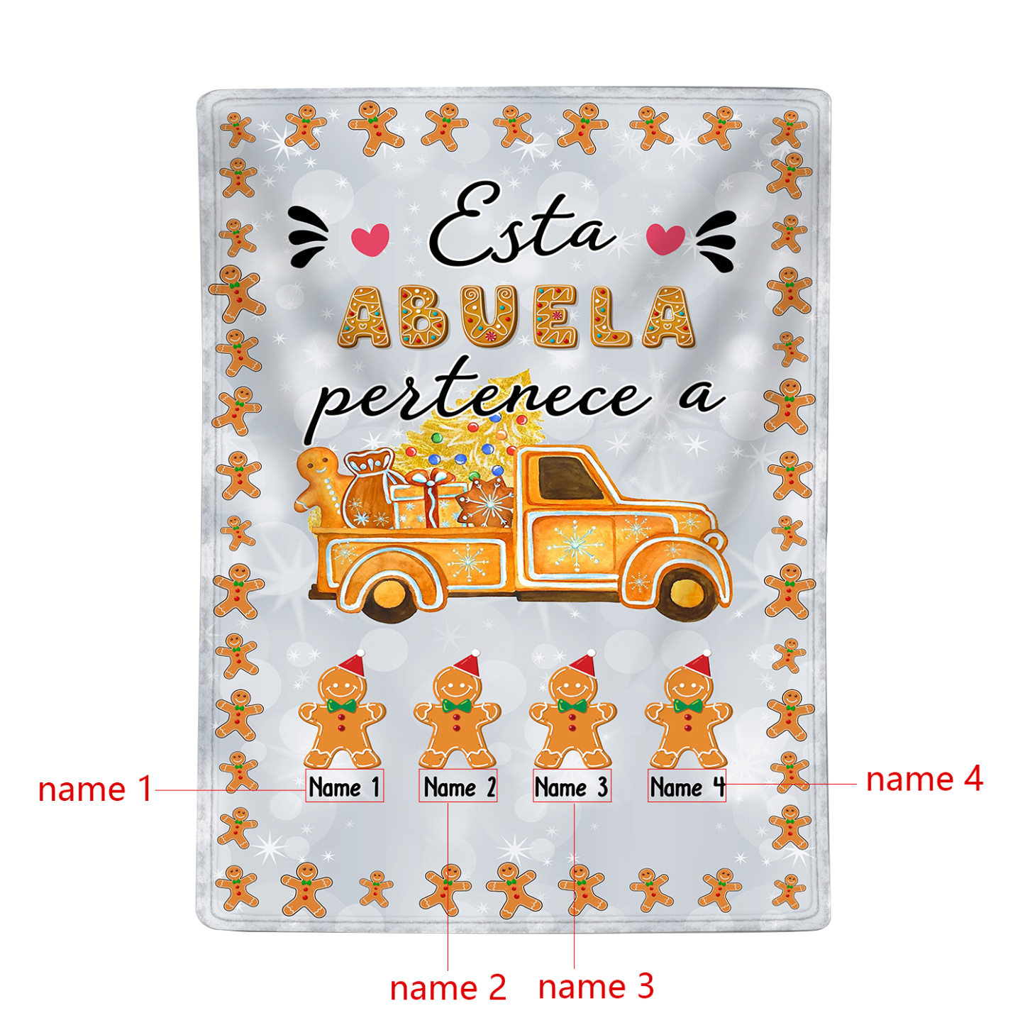 A mi abuela-Manta de buen calidad de Navidad hombres de jengibre personalizada con 4 nombres-Jessemade ES