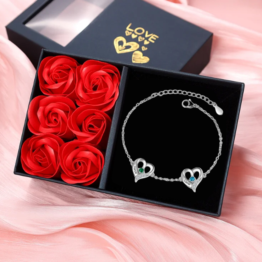 Pulsera de Corazones 2 Nombres Personalizados con 2 Piedras de Nacimiento-Jessemade ES