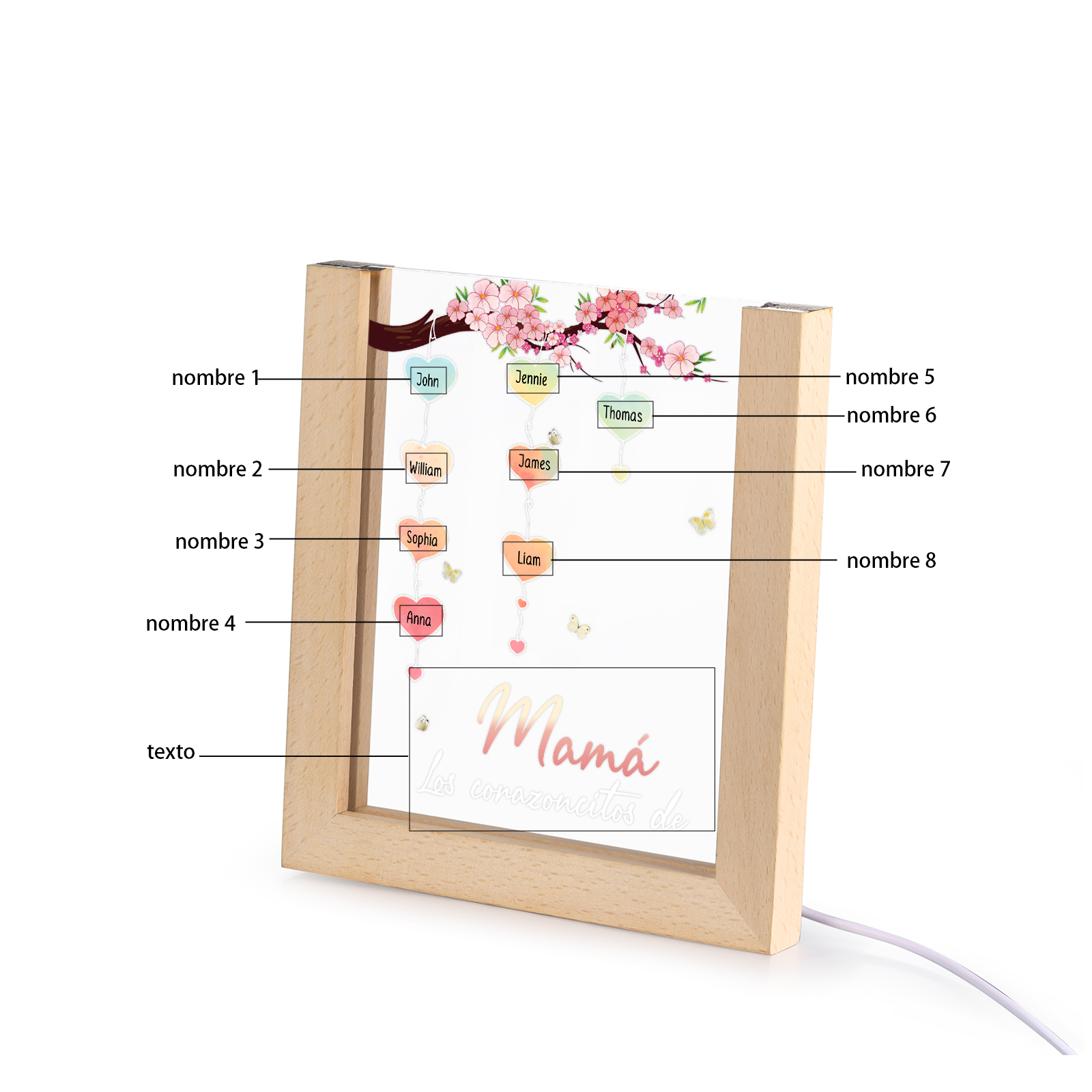 A mi mamá/abuela-Lámpara Personalizada con 2-8 Nombres y Texto "árbol y corazones" 3D Ilusión Luz de Noche-Jessemade ES