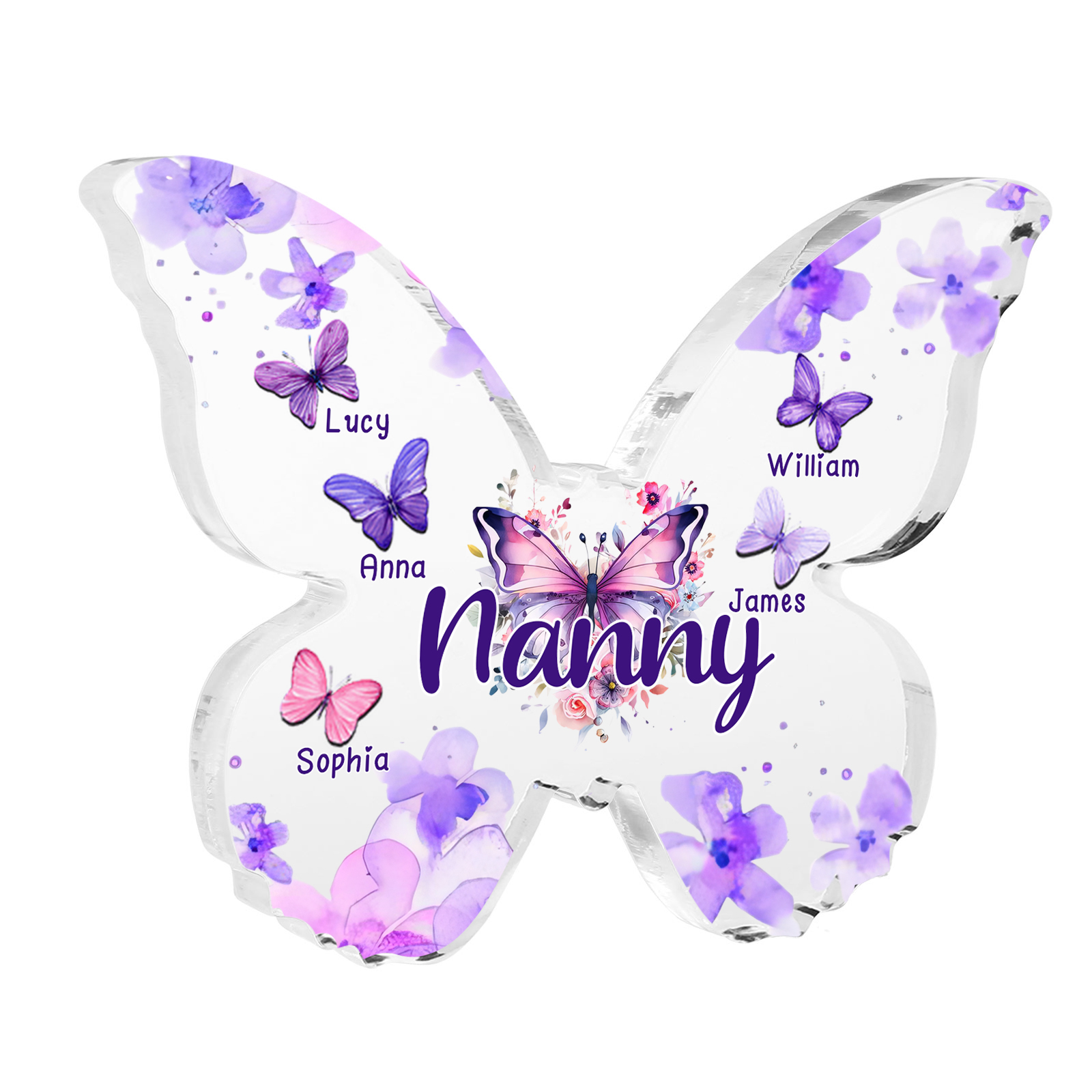 A mi mamá/abuela-Placa de acrílico "Mariposas" en forma de mariposa 5 nombres y 1 texto personalizados-Jessemade ES
