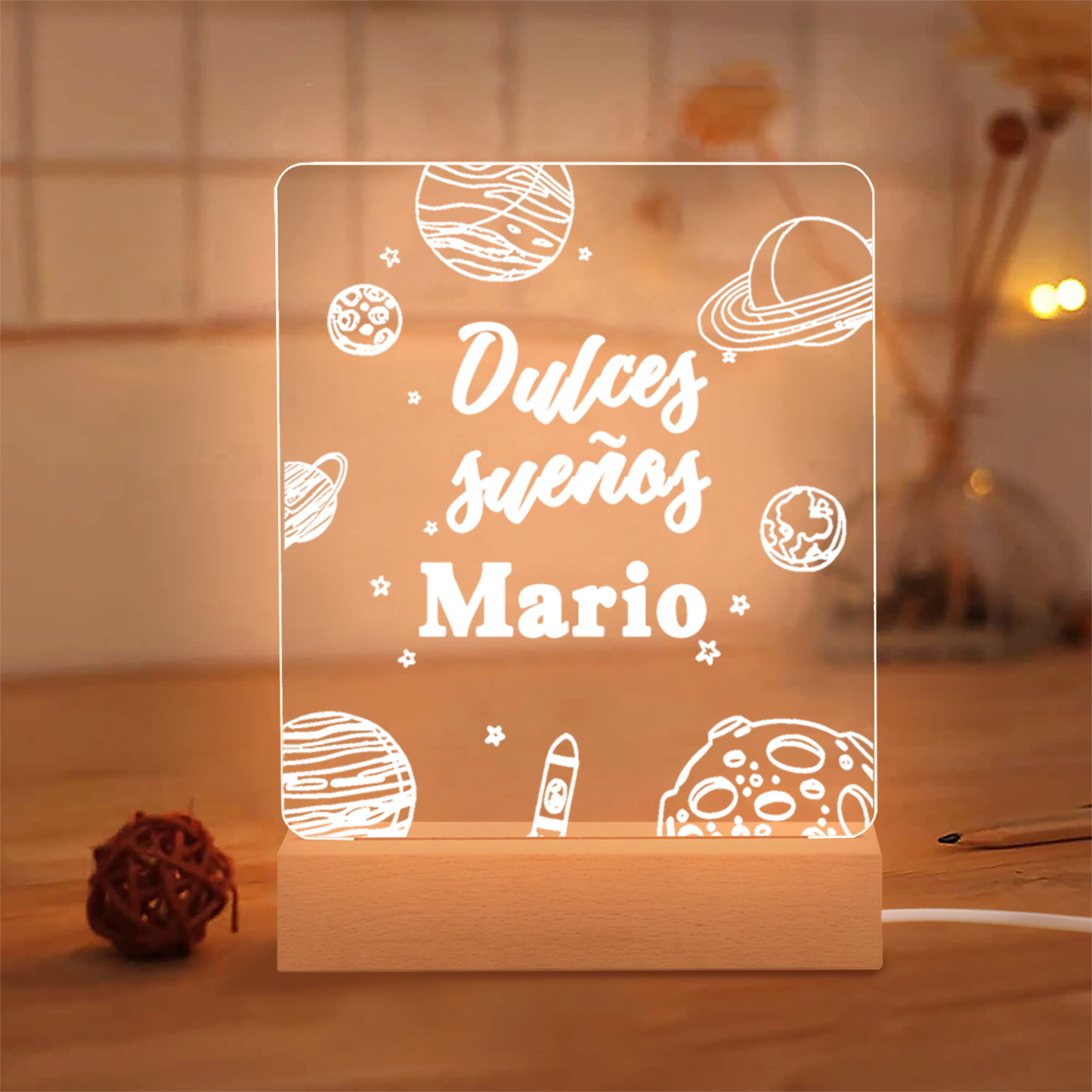 Lámpara Ilusión 3D Luz de Noche LED Dulces Sueños Espacio y Planetas con Nombre Personalizado-Jessemade ES