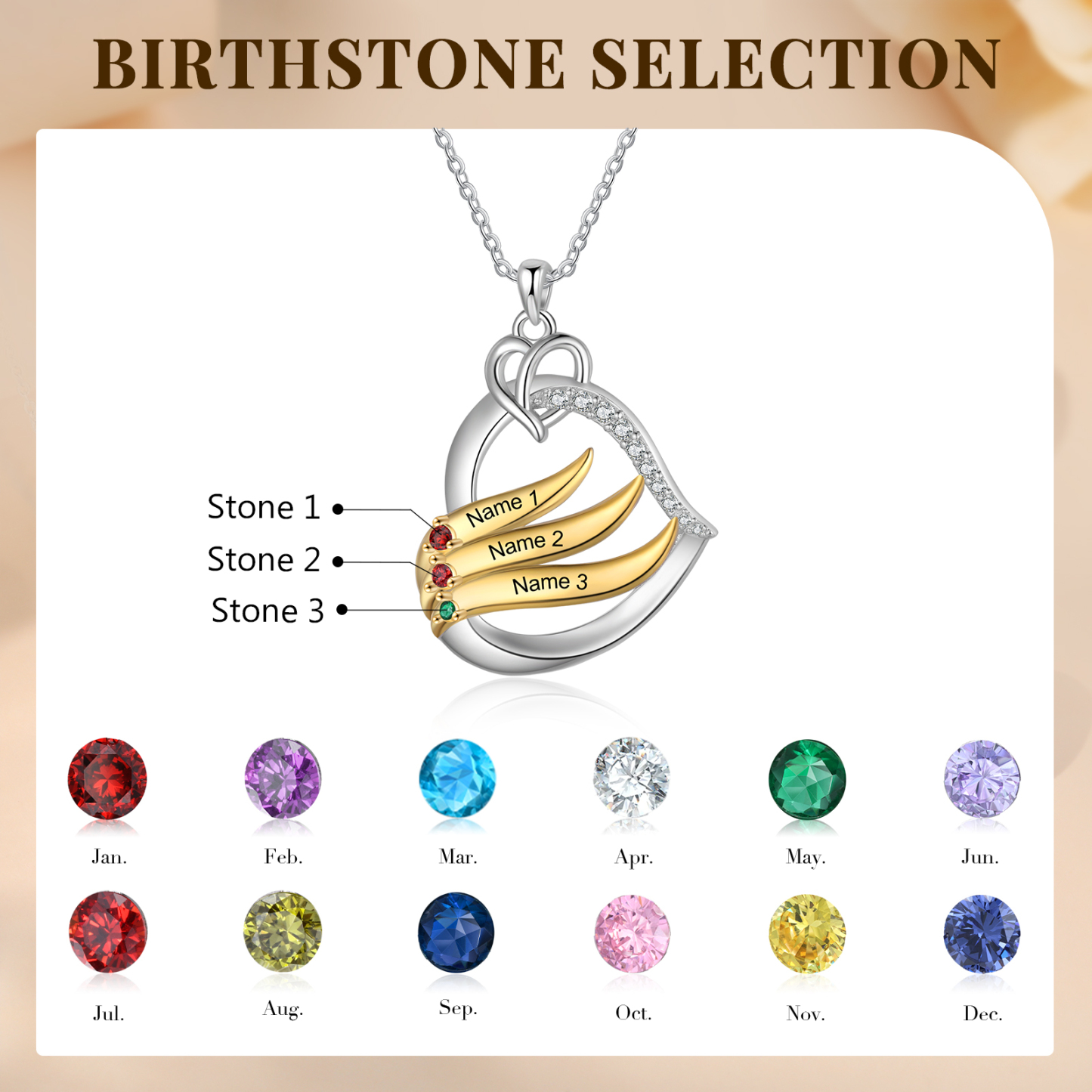 Collar en corazón con 2-5 nombres personalizados y 2-5 piedras de nacimiento-Jessemade ES