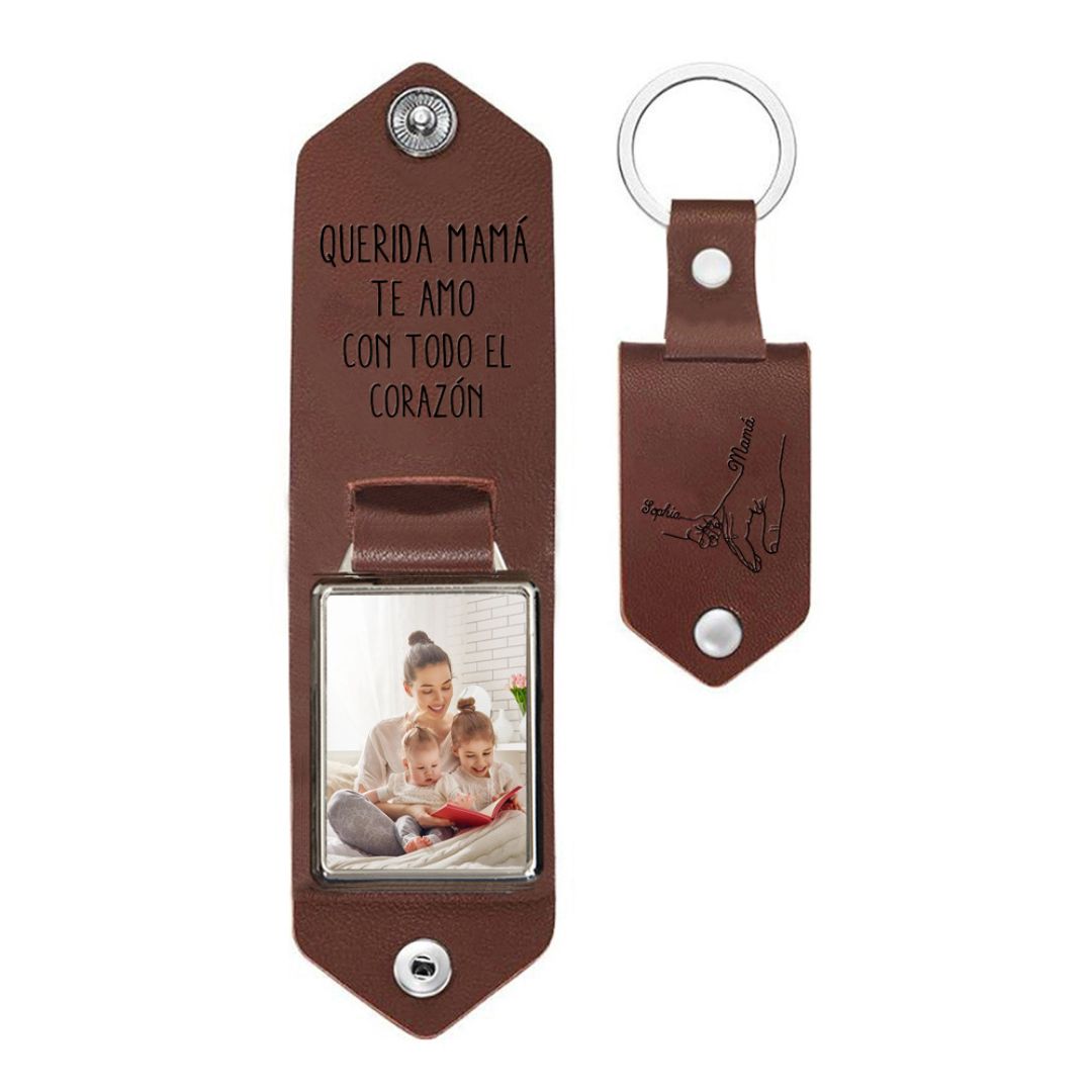 A mi mamá - Llavero 1-5 nombres y 1 foto personalizados de cuero mano y manitos-Jessemade ES