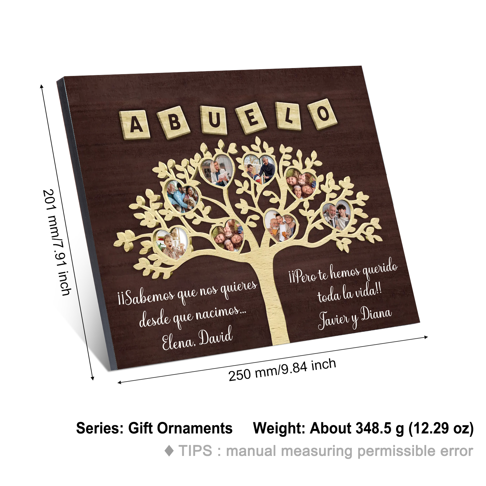 Feliz Día del Padre a mi abuelo-Lámina marco de madera 8 fotos y 2 textos personalizados con frase de amor-Jessemade ES