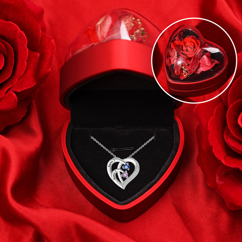 Collar de corazón de plata 925 con 2 nombres y 2 piedras de nacimiento personalizados-Jessemade ES