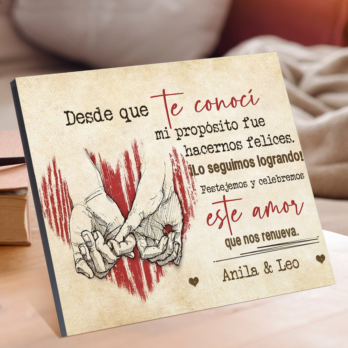 Lámina dedos cogidos marco de madera para pareja personalizado con 1 texto-Jessemade ES