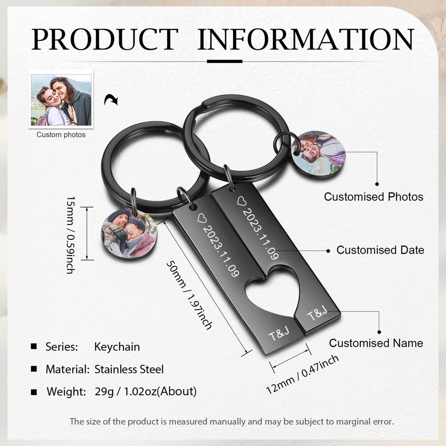 Llavero para pareja corazón encajado 2 letras personalizadas con fecha dije de foto-Jessemade ES