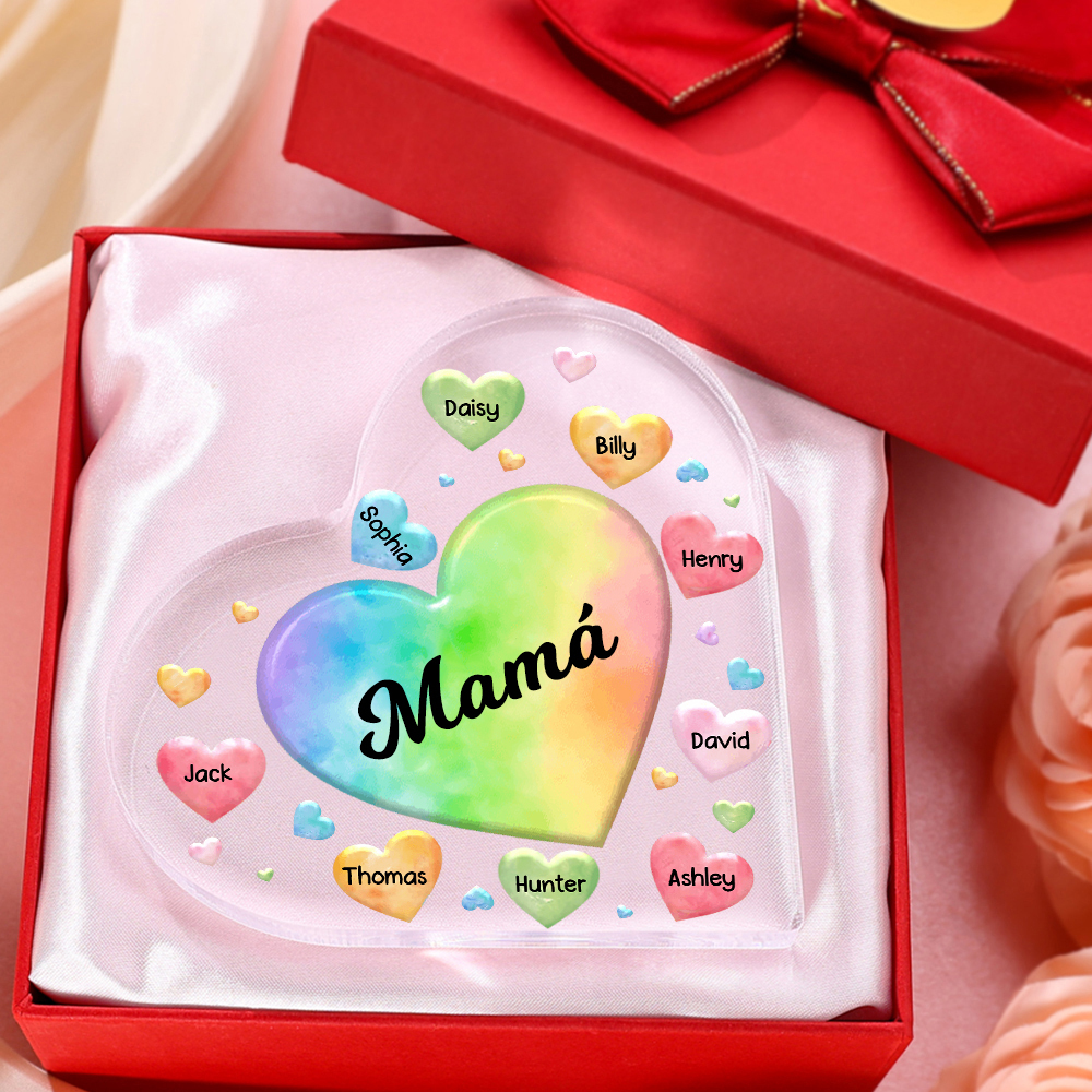 A mi mamá/abuela-Placa de acrílico "Corazones" en forma de corazón 9 nombres y 1 texto personalizados-Jessemade ES