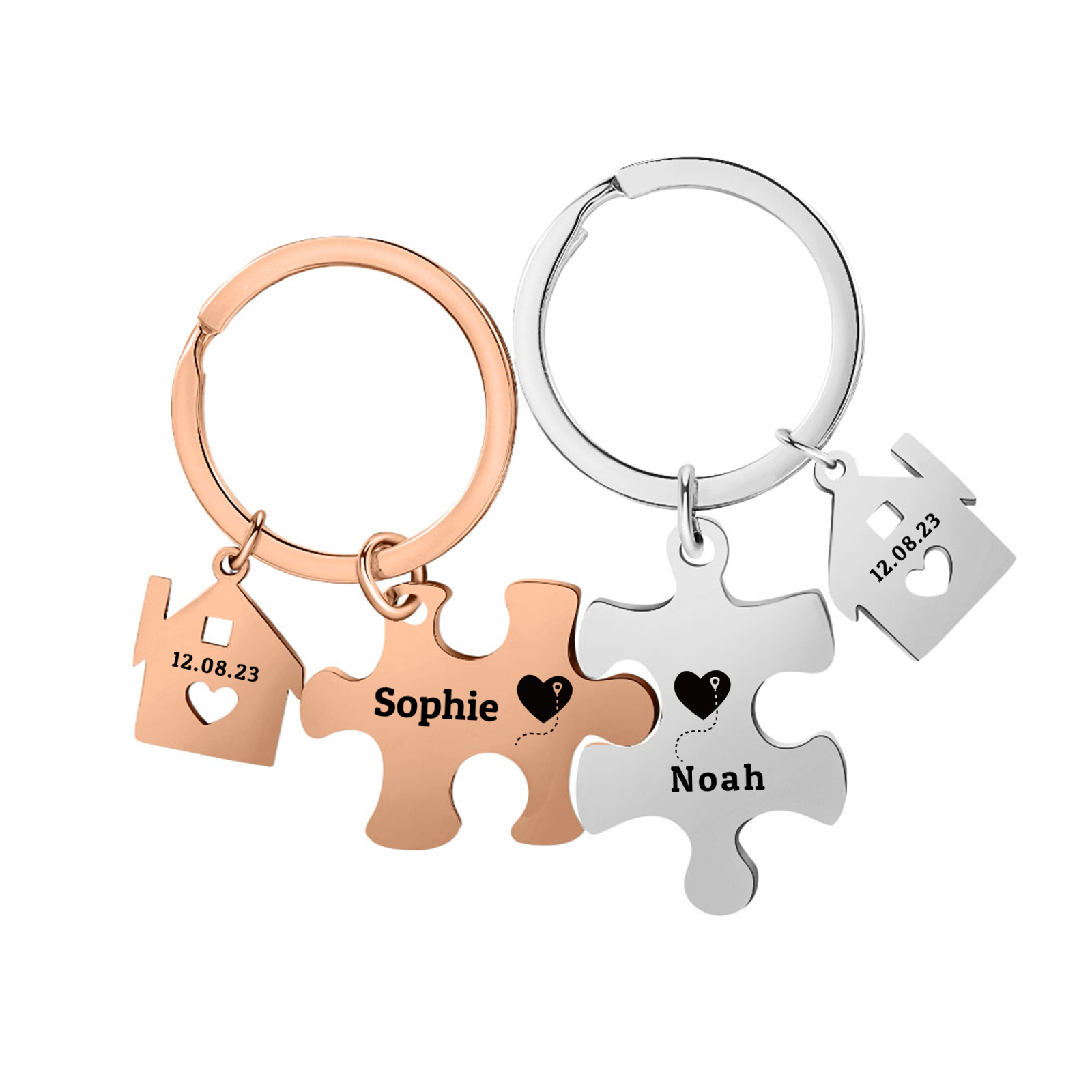 Llavero para pareja rompecabezas 2 nombres personalizados con fecha dije de casa-Jessemade ES