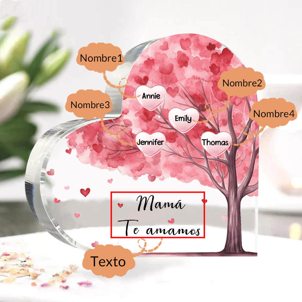 A mi mamá/abuela-Placa de acrílico "Árbol" en forma de corazón 4 nombres y 1 texto personalizados-Jessemade ES