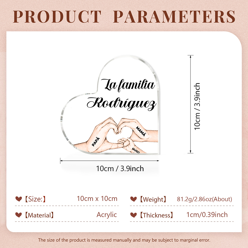Placa de acrílico en forma de corazón mano a mano con 1 texto y 3 nombres personalizados-Jessemade ES