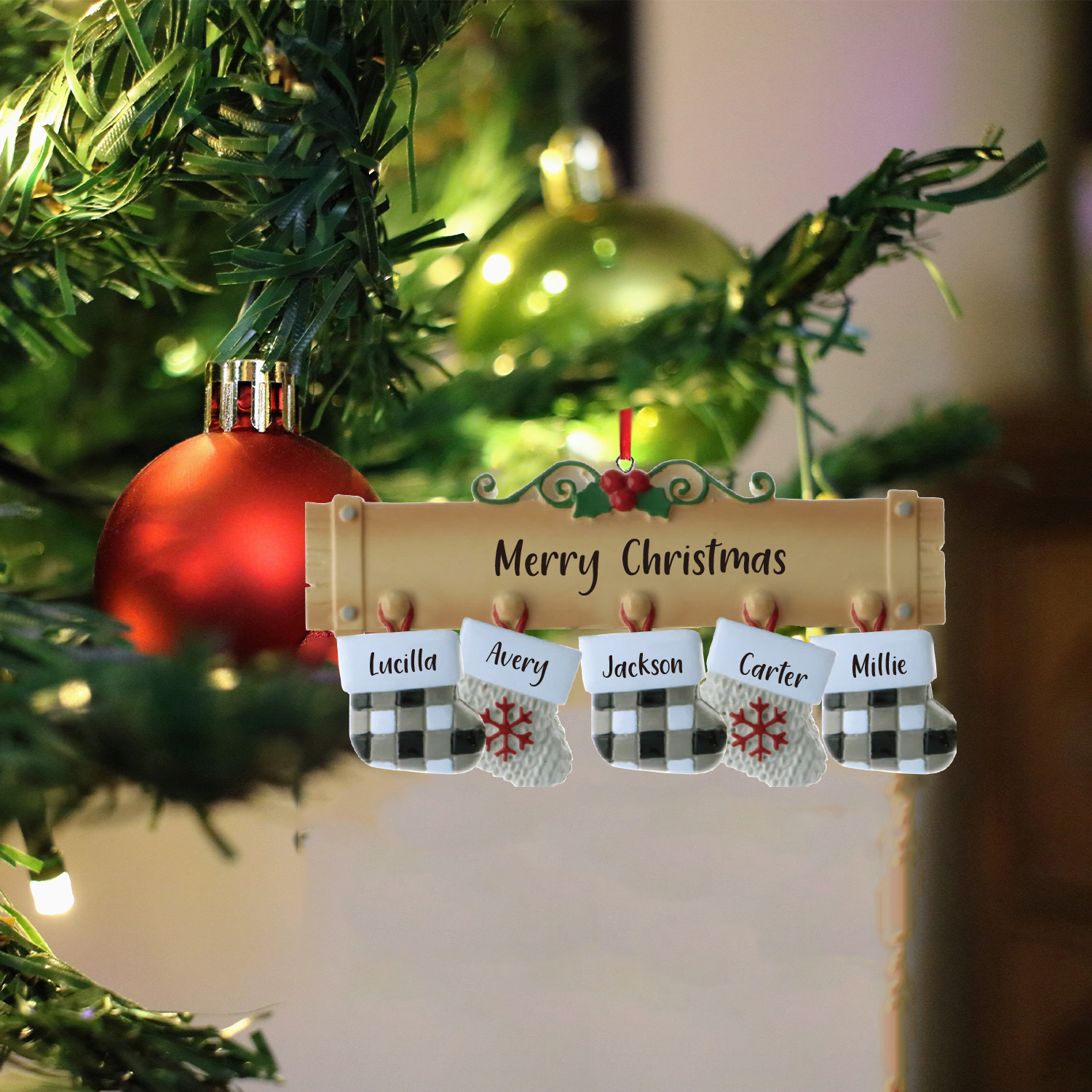 Navidad-Ornamento muñecos navideño de madera calcetines 5 nombres y 1 texto personalizados adorno del árbol-Jessemade ES