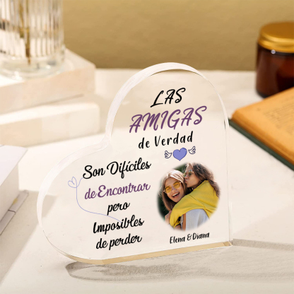 Placa de acrílico en forma de corazón para amiga con foto y 2 nombres personalizados-Jessemade ES
