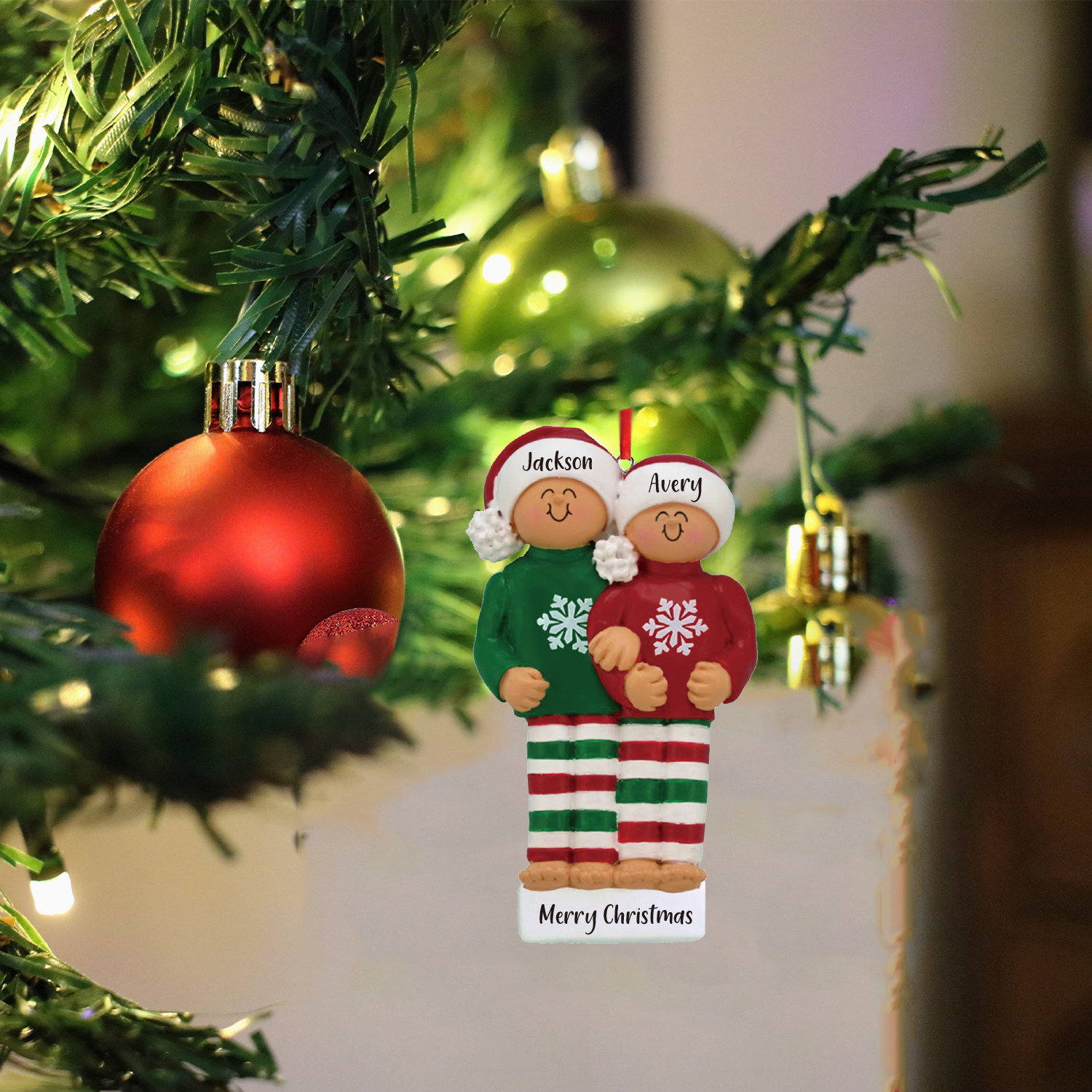 Navidad-Ornamento muñecos navideño de madera 2 nombres y 1 texto personalizados adorno del árbol