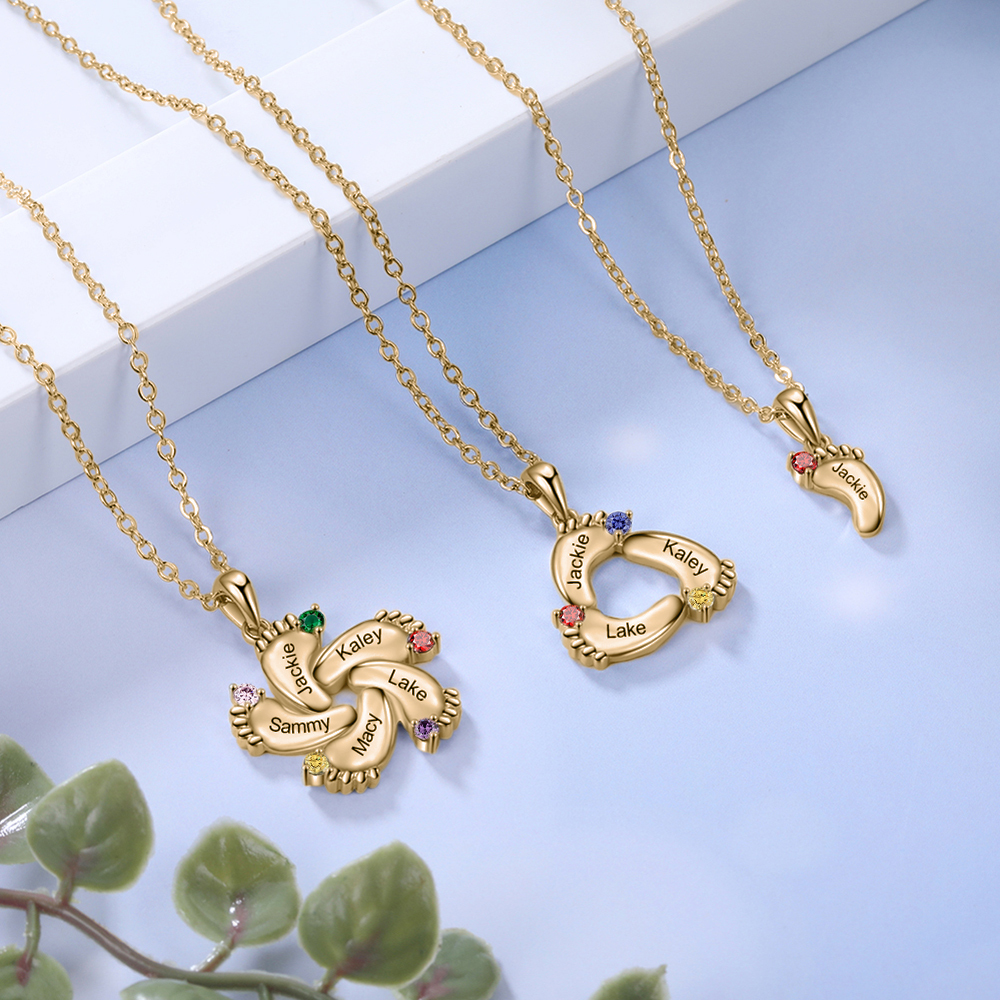 Collar pie de bebé con 1-6 nombres personalizados y 1-6 piedras de nacimiento color oro rosa-Jessemade ES