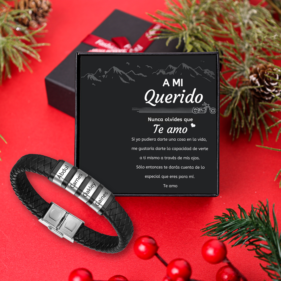 A mi querido-Pulsera de cuero trenzado de hombre con 4 perlas personalizadas con 4 nombres-Jessemade ES