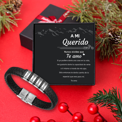 A mi querido-Pulsera de cuero trenzado de hombre con 4 perlas personalizadas con 4 nombres-Jessemade ES