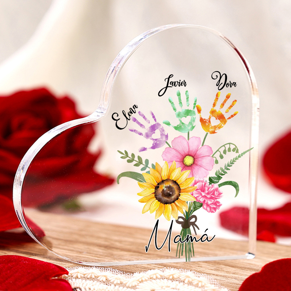 A mi mamá-Placa de acrílico en forma de corazón flor y manitas 1-5 nombres personalizados-Jessemade ES
