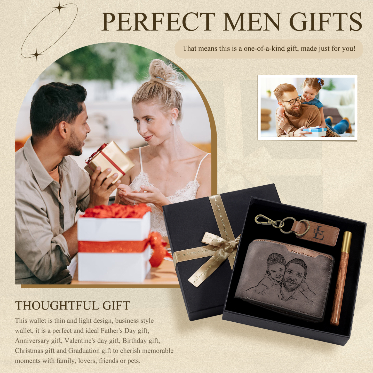 Kit de regalo-Llavero, cartera y bolígrafo con 1 nombre, letra y texto personalizados con foto para hombre-Jessemade ES