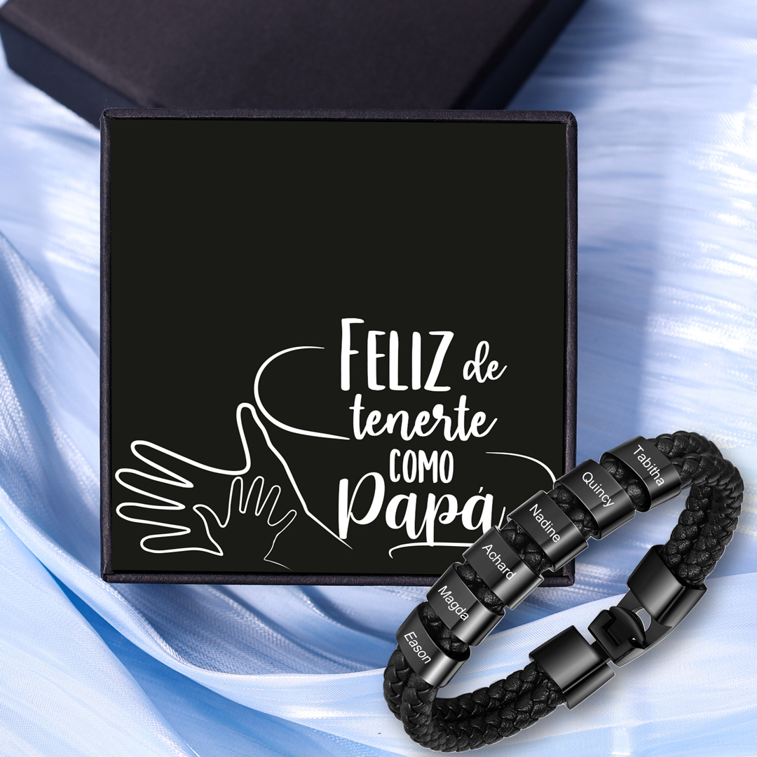 A mi papá-Pulsera de cuero trenzado Pulsera de hombre con 6 aros personalizados con 6 nombres-Jessemade ES