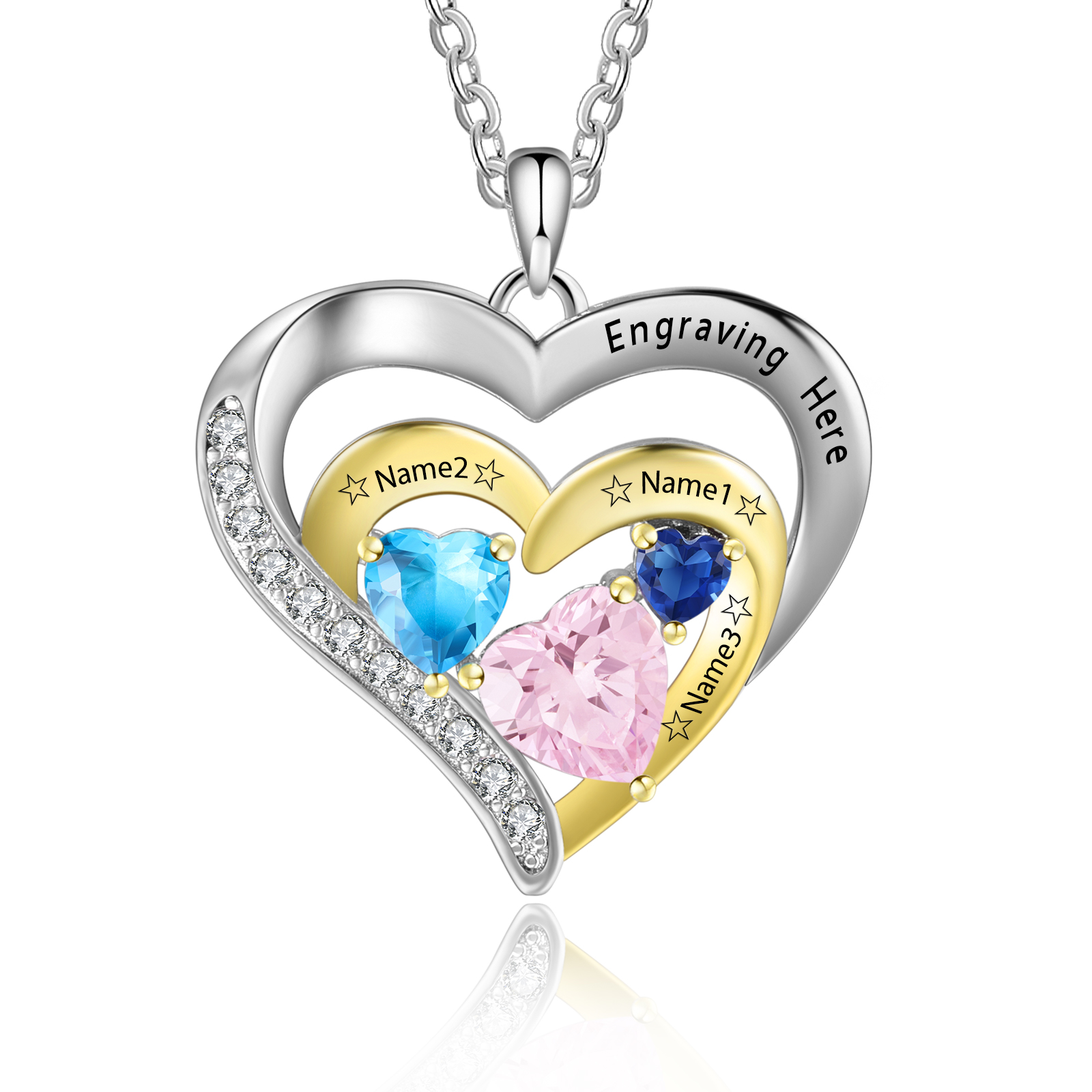 Collar en corazón con 1-3 nombres personalizados, 1-3 piedras de nacimiento y 1 texto-Jessemade ES