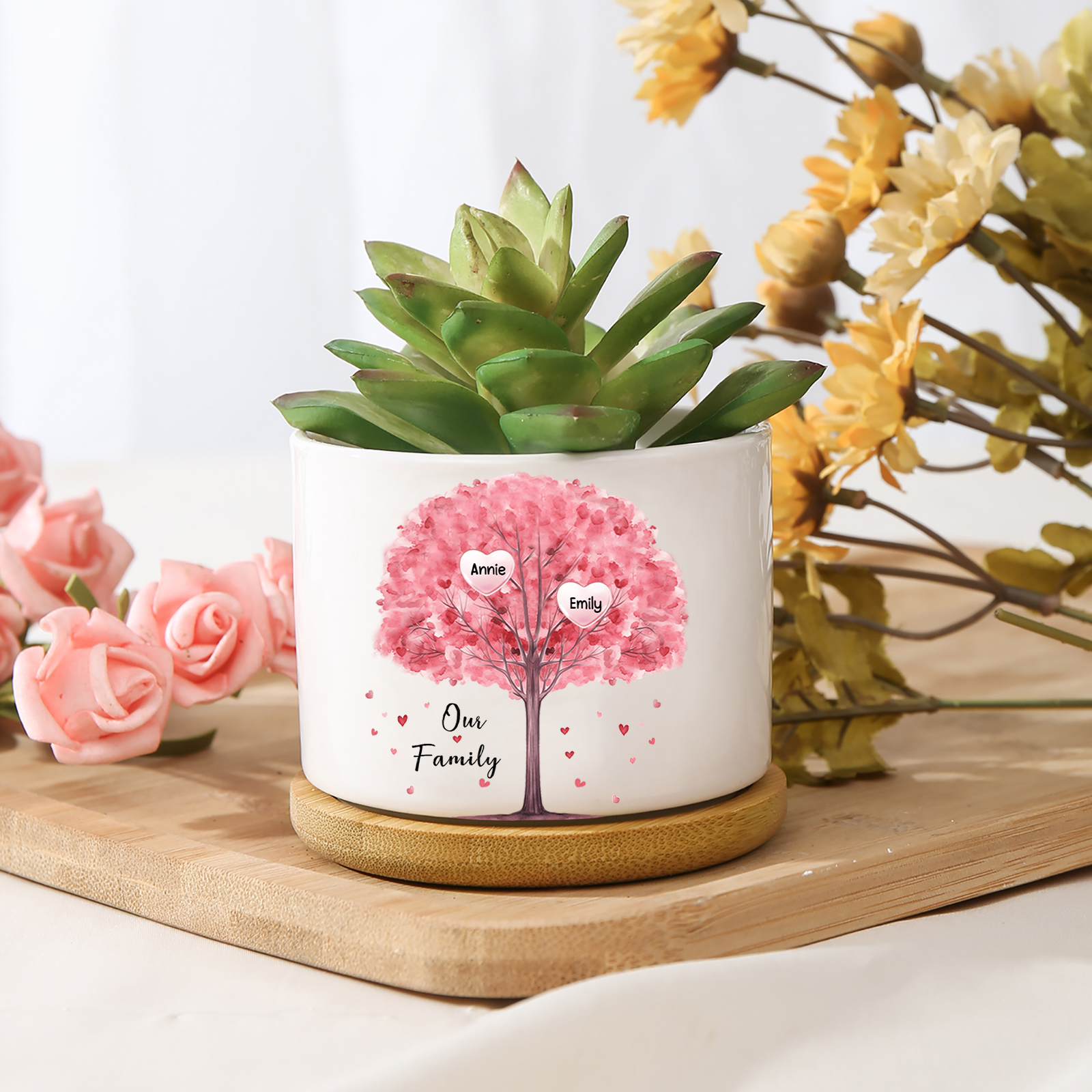 Florero con base de cerámica árbol de corazones 2-8 nombres personalizados con texto decoración del hogar-Jessemade ES