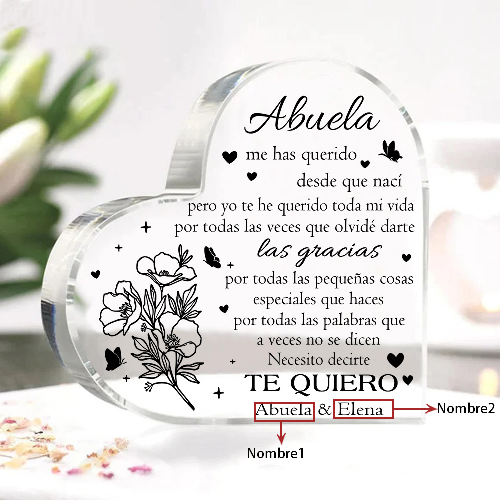 Abuela - Placa de acrílico en forma de corazón flores 2 nombres personalizados-Jessemade ES
