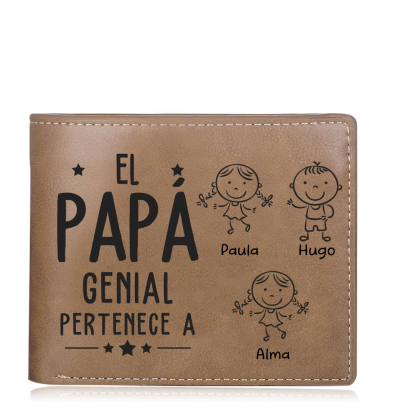 Cartera, billetera clásica 1-5 nombres personalizados con palo de niñ@ y una foto para papá-Jessemade ES