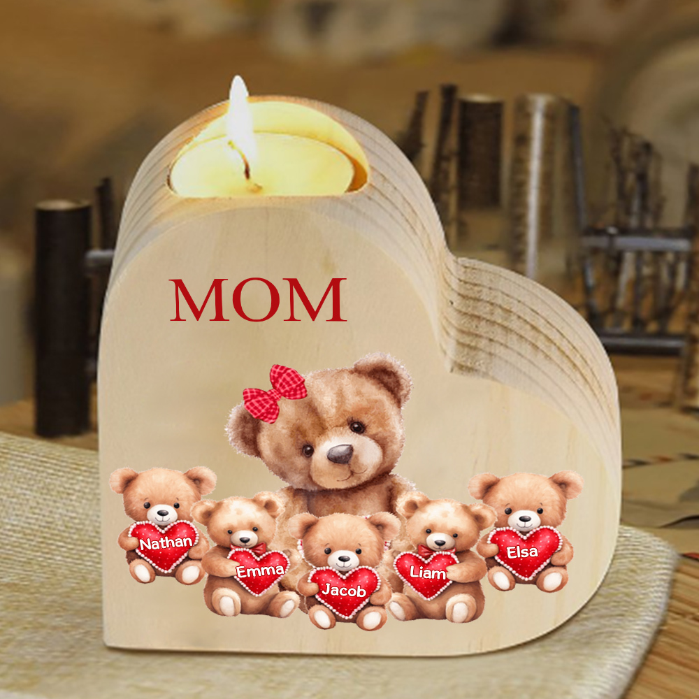 A mi mamá/abuela-Candelero osos 1-6 nombres y 1 texto personalizados en forma de corazón de madera sin candela-Jessemade ES