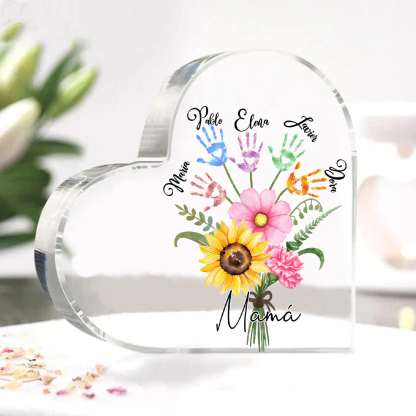 A mi mamá-Placa de acrílico en forma de corazón flor y manitas 1-5 nombres personalizados-Jessemade ES
